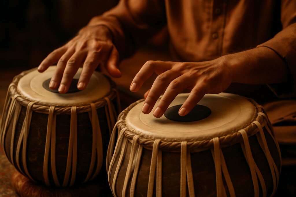 Nahaufnahme von Händen, die indische Tabla-Trommeln spielen
