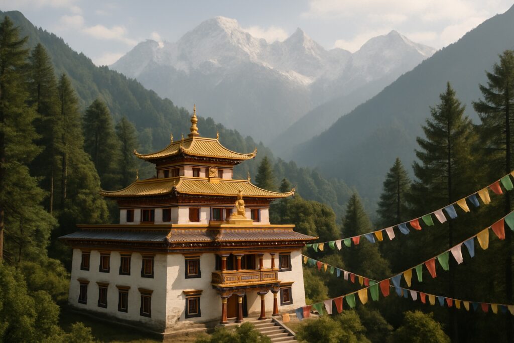 Buddhistisches Kloster mit Gebetsfahnen in den Bergen Sikkims