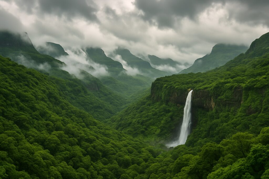 Grünes Tal der Westghats mit Wasserfall während des Monsuns in Maharashtra
