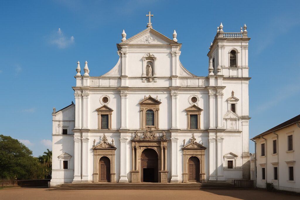 Die weiße Barockfassade der Basilika Bom Jesus in Alt-Goa