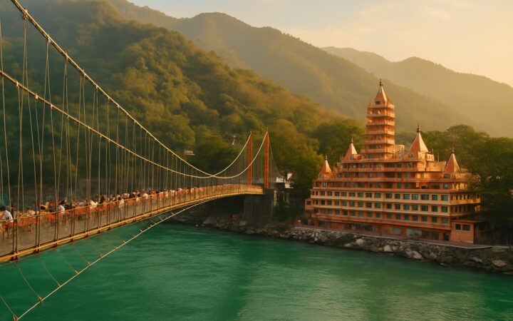 Die Hängebrücke Lakshman Jhula über dem Ganges in Rishikesh am Fuß des Himalaya