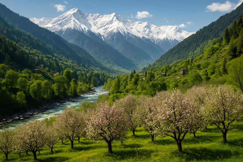 Das grüne Kullu-Tal bei Manali mit Apfelgärten und schneebedeckten Bergen des Himalaya