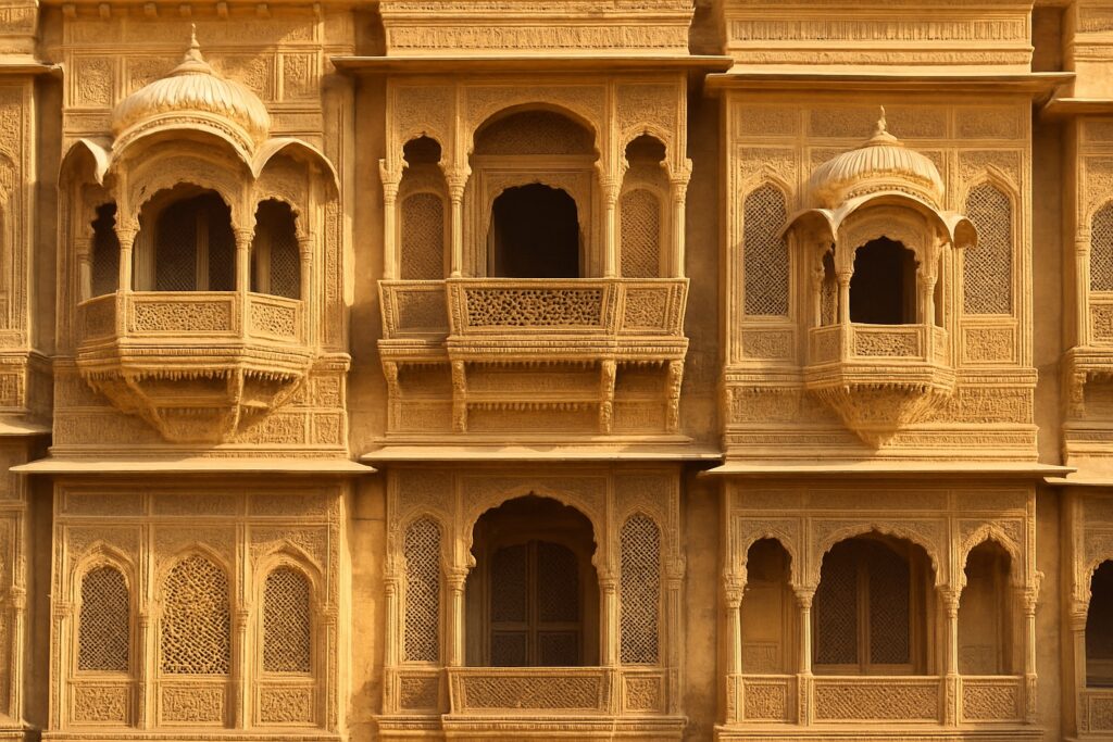 Die reich verzierte Sandsteinfassade der Patwon ki Haveli in Jaisalmer