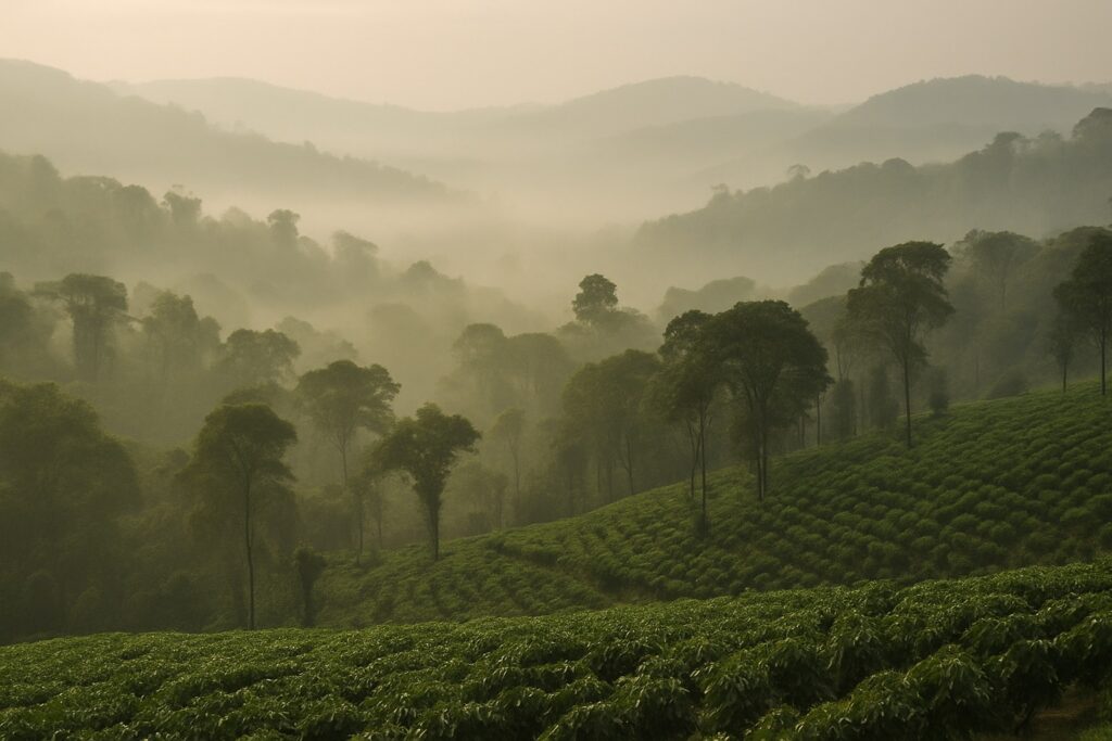 Neblige grüne Kaffeeplantagen in den Bergen von Coorg in Karnataka