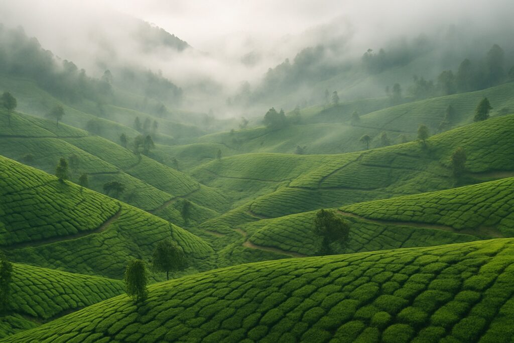 Sattgrüne Teeplantagen in den neblig-grünen Bergen von Munnar in Kerala