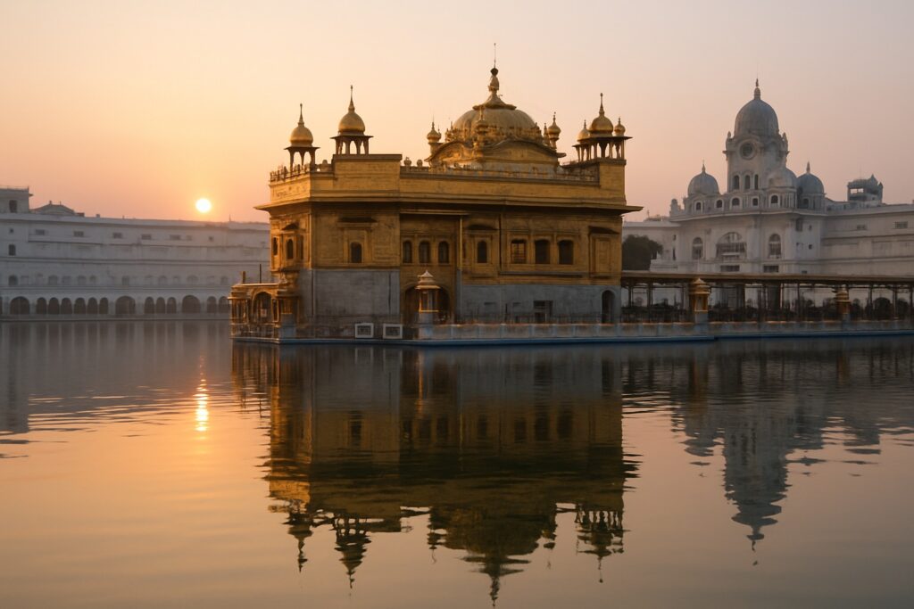 Der Goldene Tempel von Amritsar spiegelt sich im Morgenlicht in seinem heiligen Wasserbecken