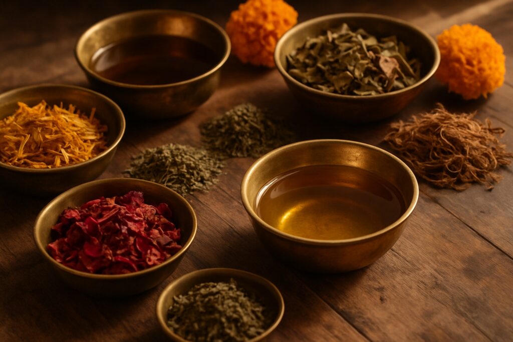 Messingschalen mit Kräuterölen, getrockneten Kräutern und Blüten für eine Ayurveda-Anwendung