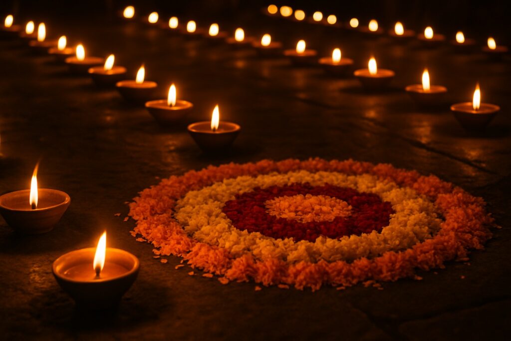 Reihen leuchtender Öllämpchen und ein Blumen-Rangoli beim Lichterfest Diwali in Indien