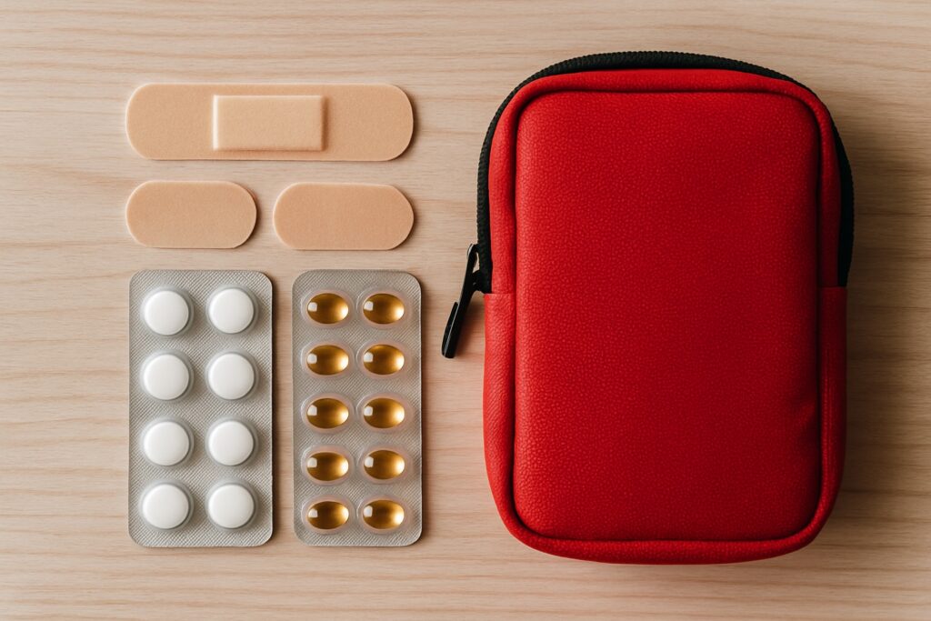 Eine kleine Reiseapotheke von oben mit Pflastern, Medikamenten und einer Tasche