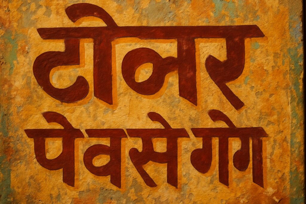 Handgemalte Devanagari-Schriftzeichen auf einer bunten indischen Wand