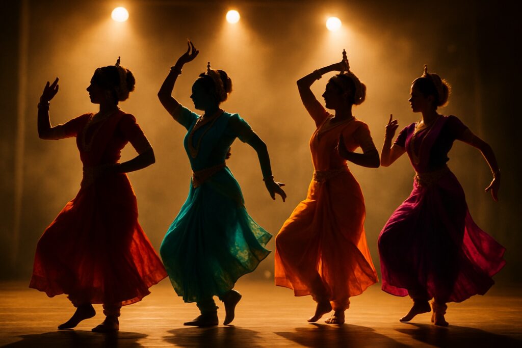 Bunte Silhouetten klassischer indischer Tänzerinnen in prächtigen Kostümen auf einer Bühne