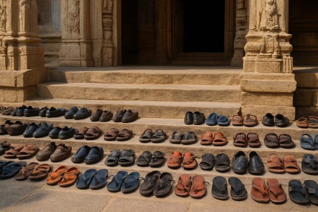 Reihen abgestellter Schuhe vor dem Eingang eines indischen Tempels