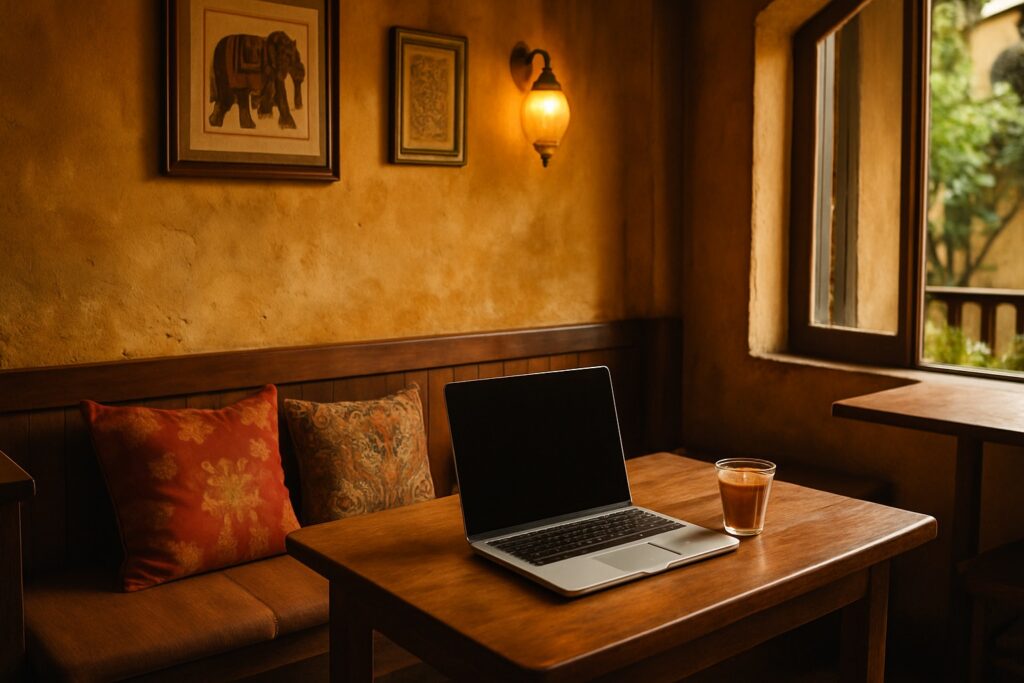 Eine gemütliche Ecke in einem indischen Café mit Laptop und einer Tasse Chai