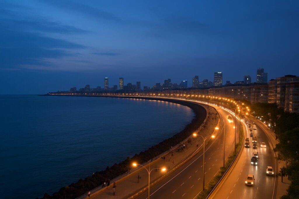 Der Marine Drive in Mumbai zur blauen Stunde mit der Lichterkette Queen’s Necklace