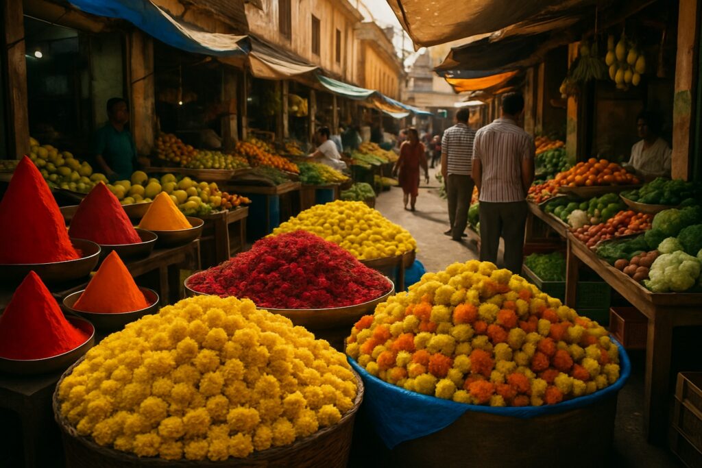 Blumen- und Farbstände auf dem Devaraja-Markt in Mysore