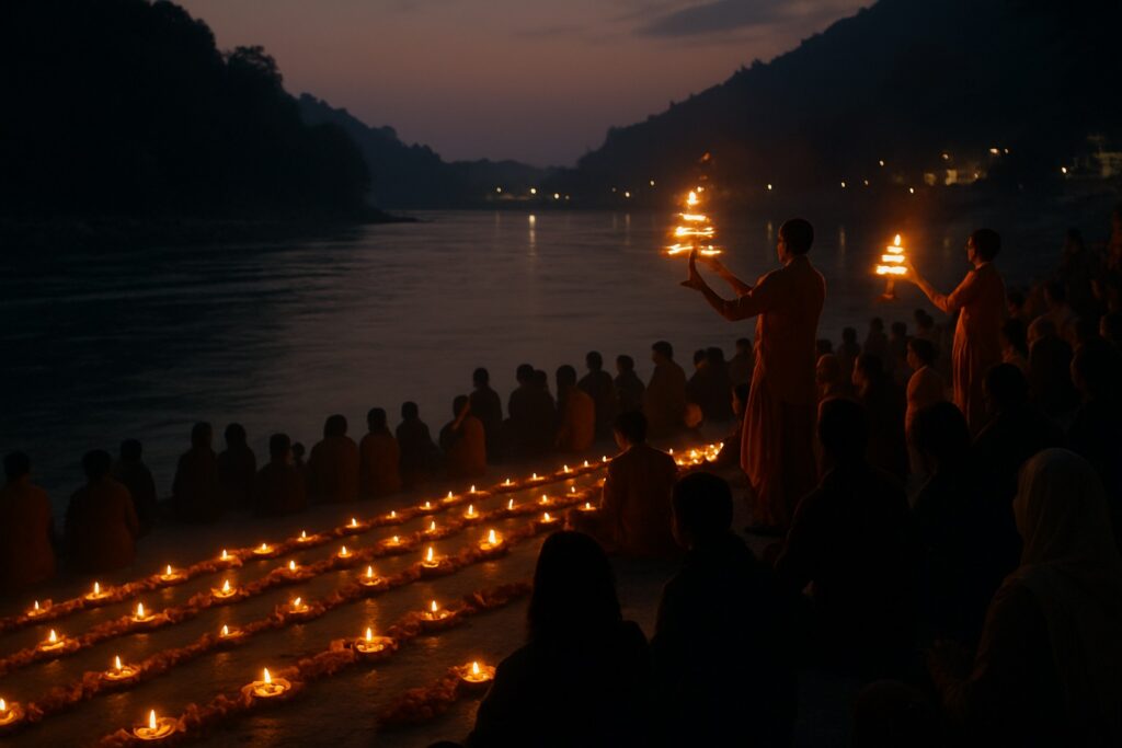 Abendliche Ganga Aarti mit Öllampen an den Ghats von Rishikesh