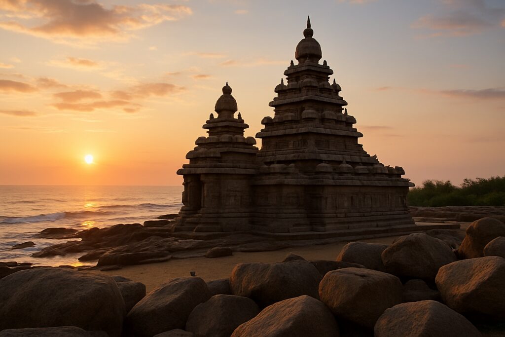 Der Küstentempel von Mahabalipuram am Golf von Bengalen bei Sonnenaufgang