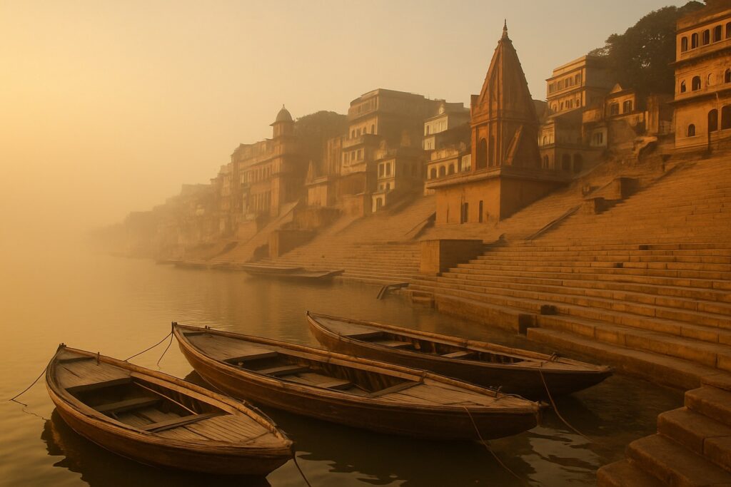 Die Ghats von Varanasi am Ganges im Morgenlicht mit Ruderbooten