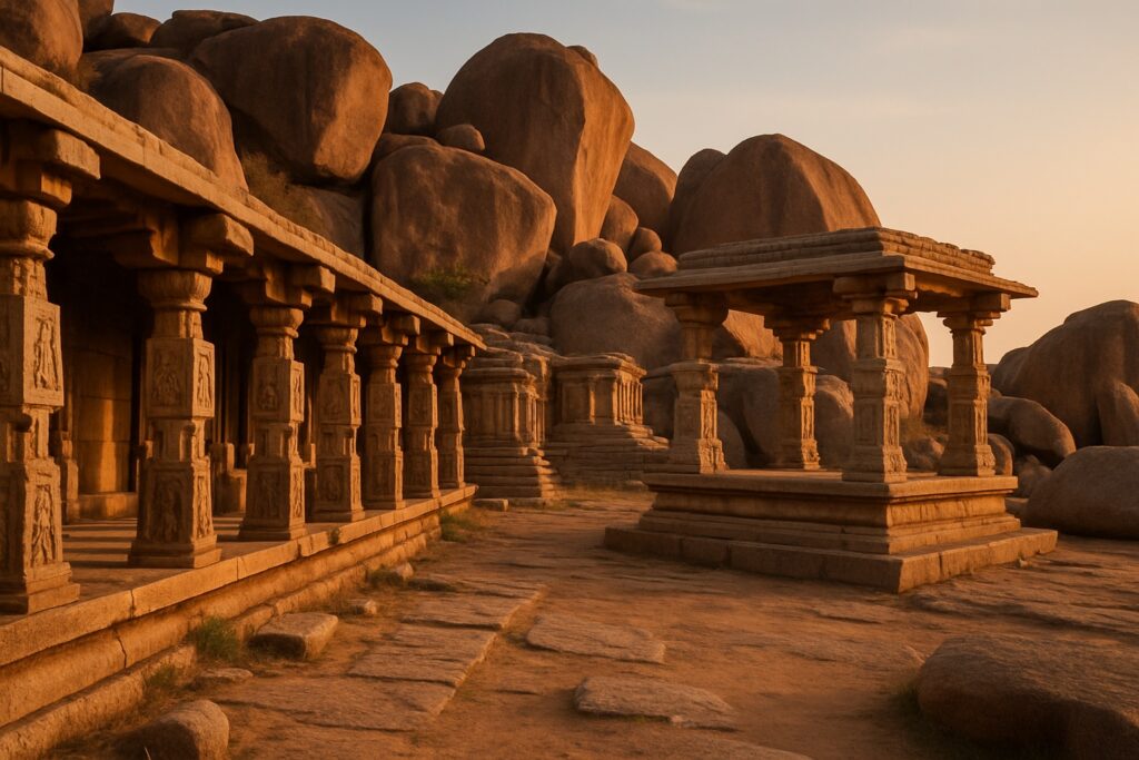 Antike Tempelruinen zwischen Granitfelsen in Hampi im Abendlicht