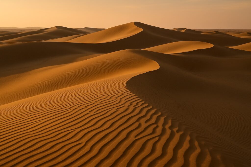 Goldene Sanddünen der Wüste Thar in Rajasthan im Abendlicht