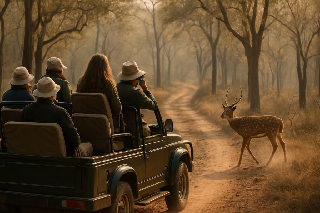 Reisende auf einer Jeep-Safari im Trockenwald eines indischen Nationalparks