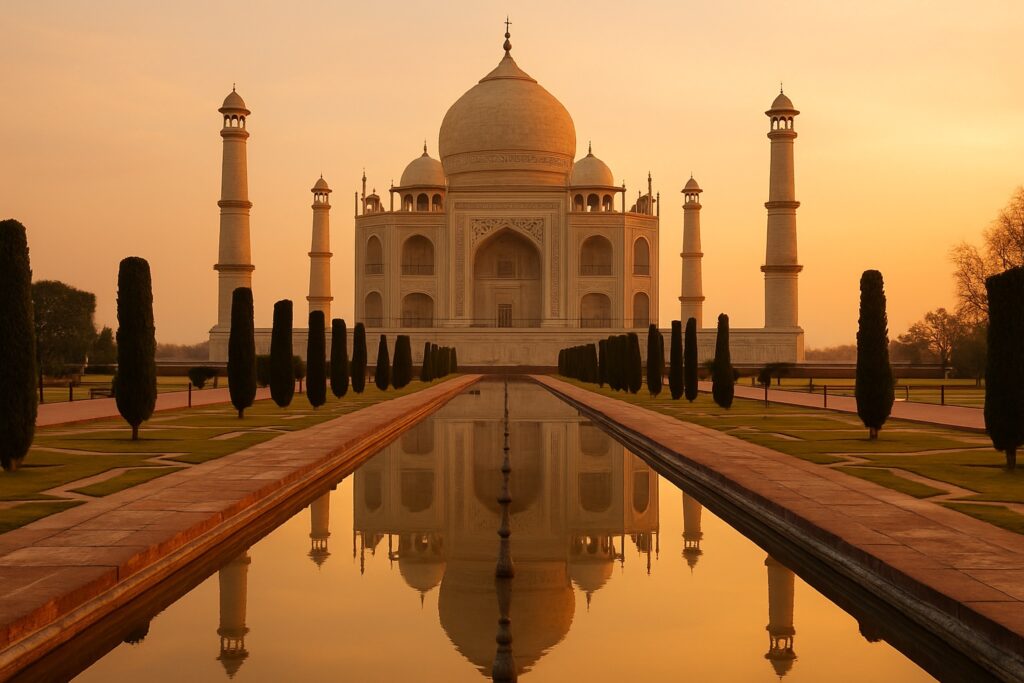 Das Taj Mahal in Agra bei Sonnenaufgang, gespiegelt im Wasserkanal